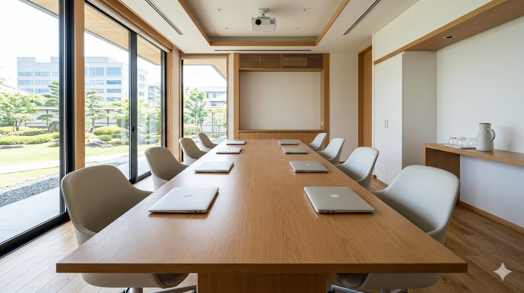会社の法人ノートパソコンを1機種に統一した会議室のイメージ